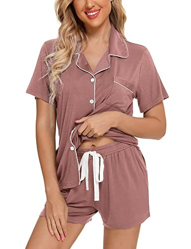 Anjue Bride Pajamas Womens Pink Pj Sets Short Pajamas Set Soft Two Piece Sleepwear Button Up Nightwear Sets(A-Pink,XL) | Amazon (US)