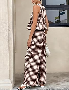 Womens 2 Piece Outfits Sets Gingham Plaid Sleeveless Ruffle Tank Tops and Wide Leg Pants Summer M... | Amazon (US)