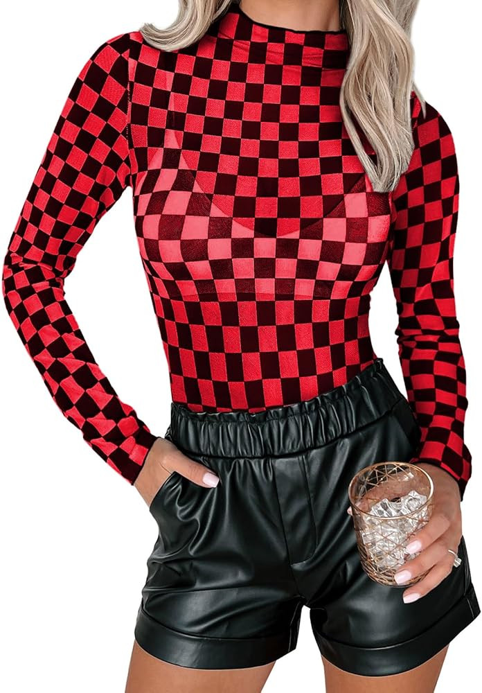 Womens Floral Mesh Top Mock Neck Long Sleeve Slim Fit See Through Shirt Blouses Tops | Amazon (US)