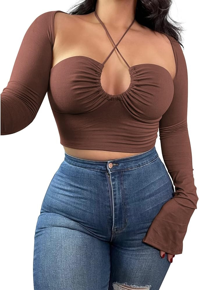 KERPELLY Women's Sexy Halter Criss Cross Tie Up Crop Top Basic Long Sleeve Cut Out T Shirt | Amazon (US)