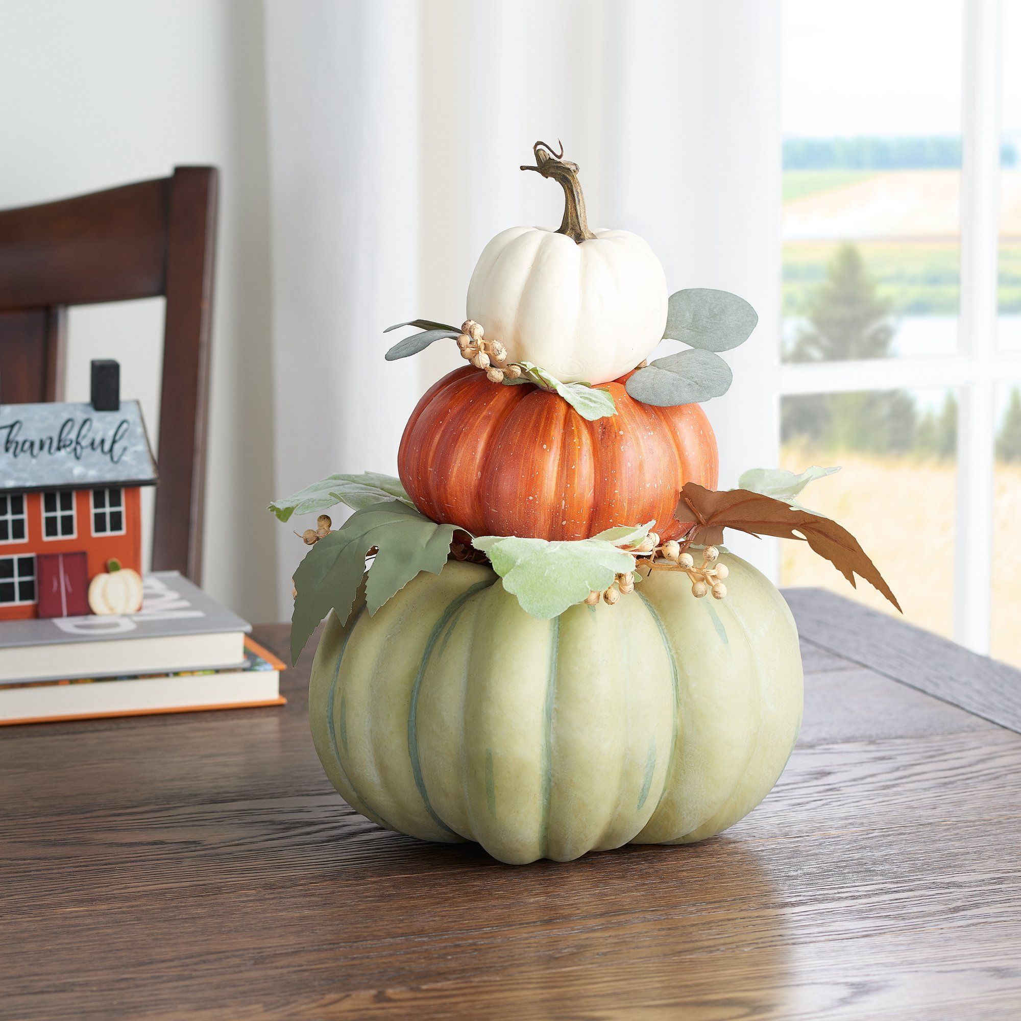 Way to Celebrate Harvest Green Orange & Cream Pumpkin Stack 14.4" | Walmart (US)