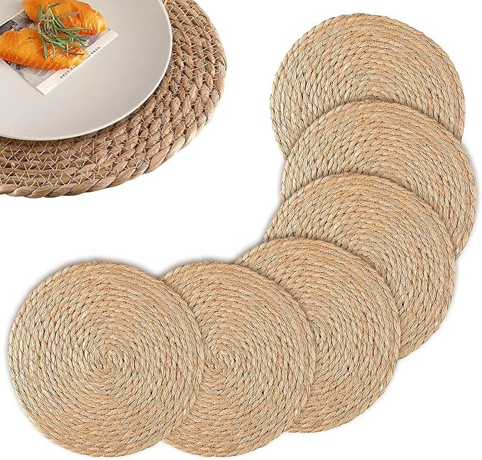 Round Woven Placemats Set of 6, 12in Natural Water Hyacinth Placemats, Round Rattan Boho Farmhous... | Amazon (US)
