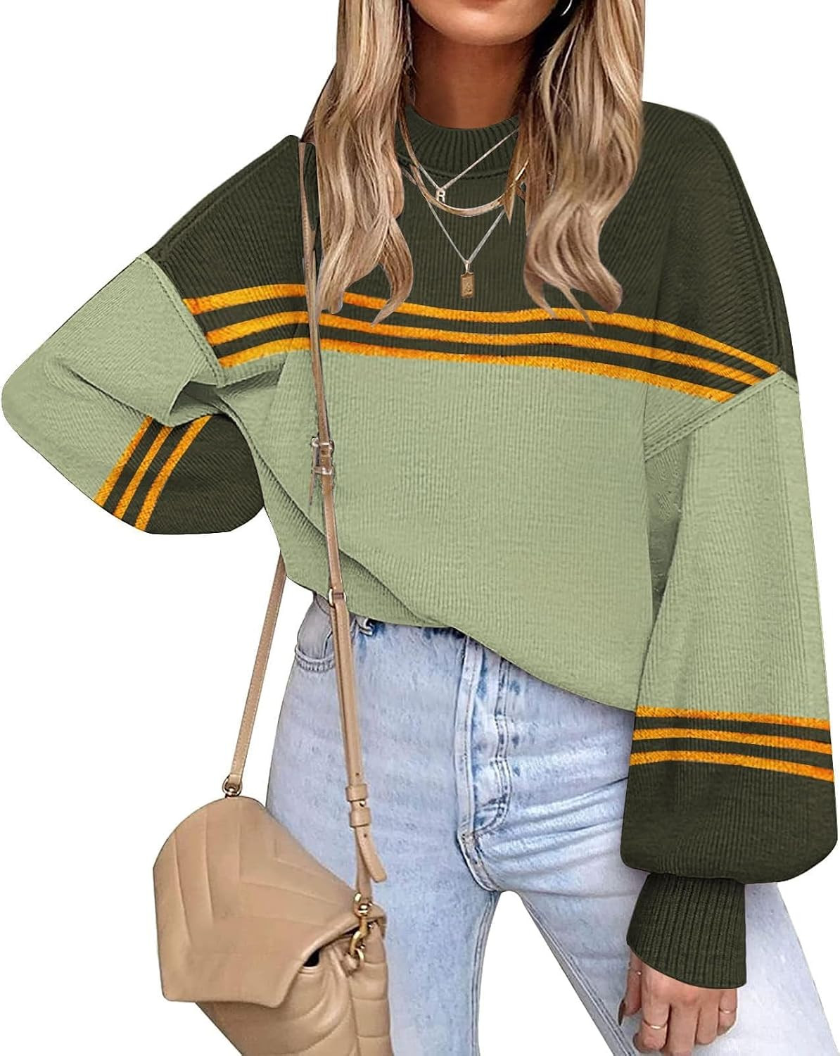 Womens Sweaters Fall 2026 Long Sleeve Knit Tops Striped Oversized Sweater | Amazon (US)