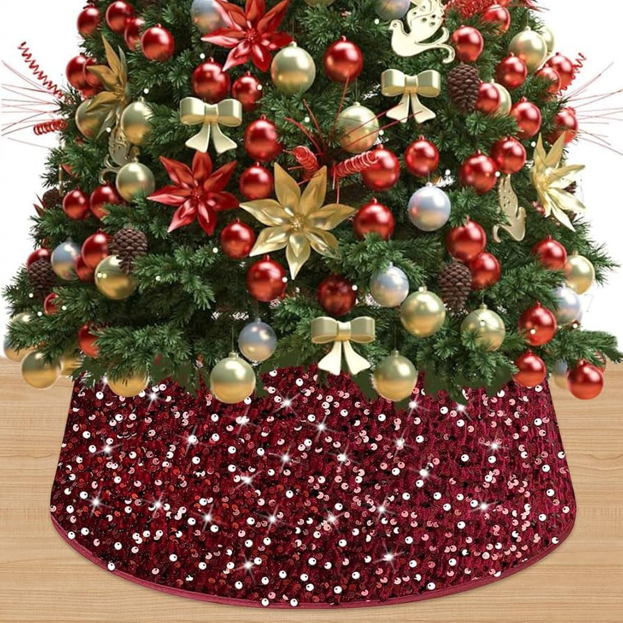Christmas Tree Collar Sequin Velvet Tree Skirt Burgundy Decorative Christmas Tree Ring 23.6 Inch ... | Amazon (US)