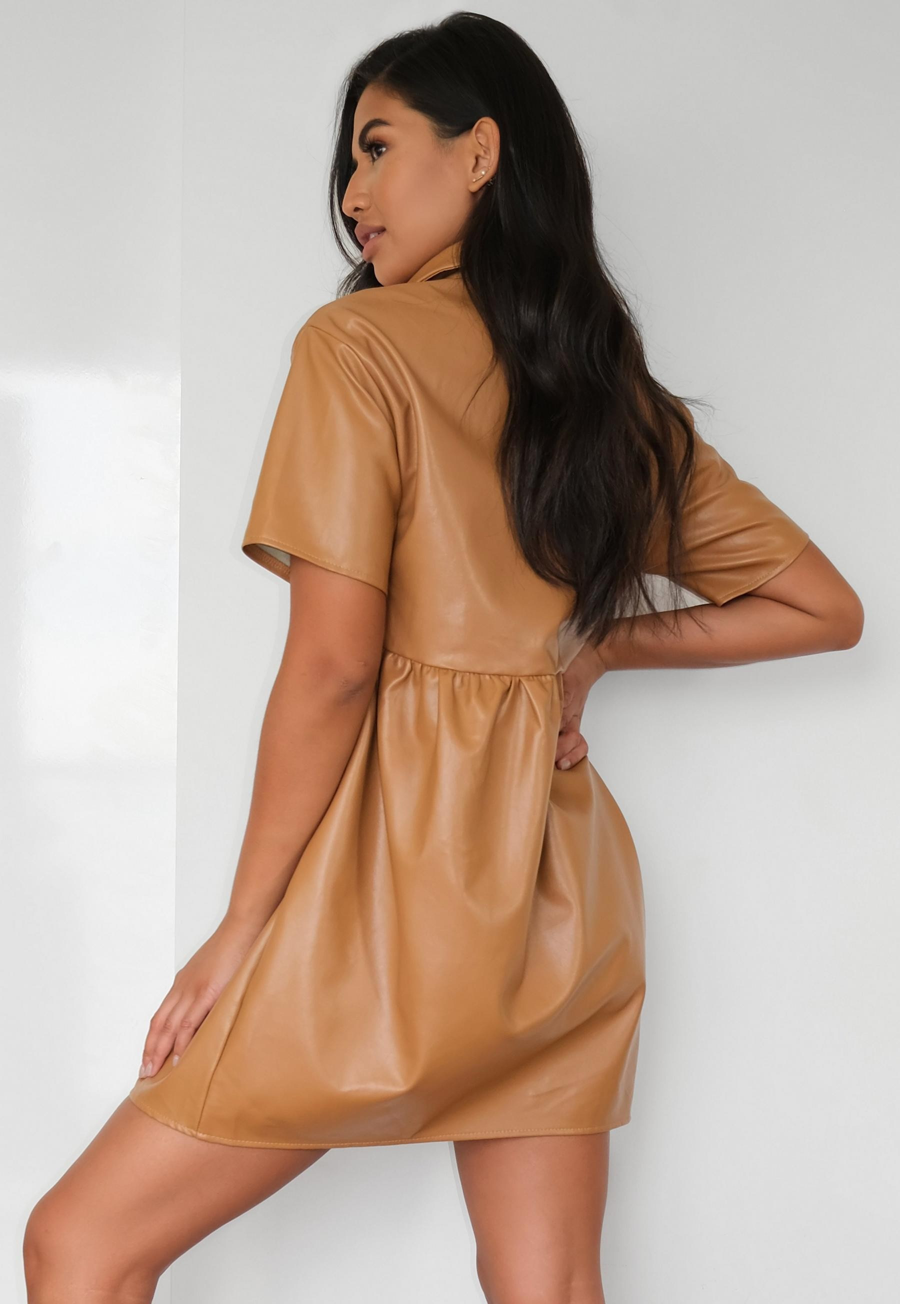 Missguided - Camel Faux Leather Oversized Shirt Smock Dress | Missguided (US & CA)