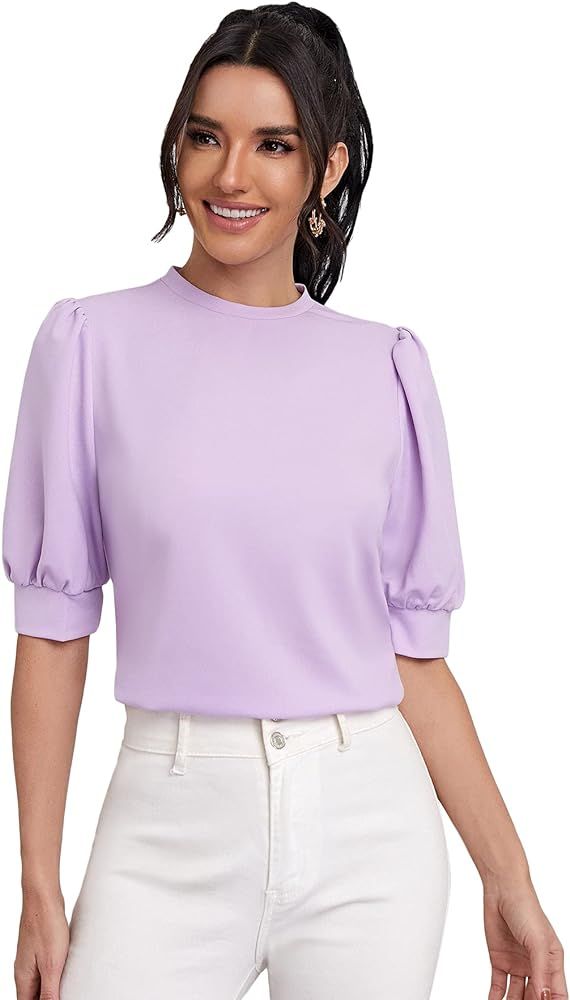 SheIn Women's Puff Sleeve Casual Solid Top Pullover Keyhole Back Blouse | Amazon (US)
