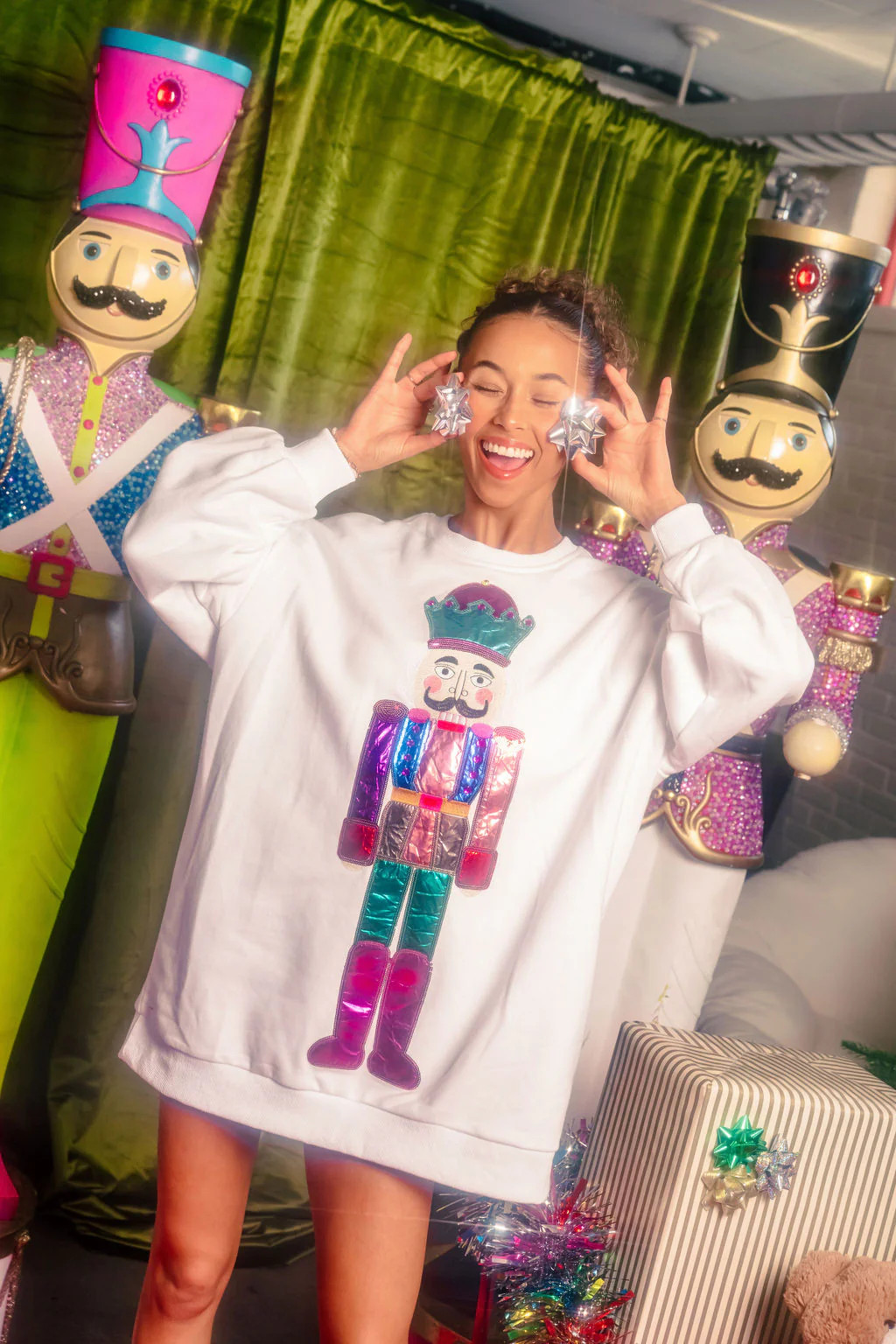 White Sweatshirt Dress with Multi Nutcracker | Queen of Sparkles