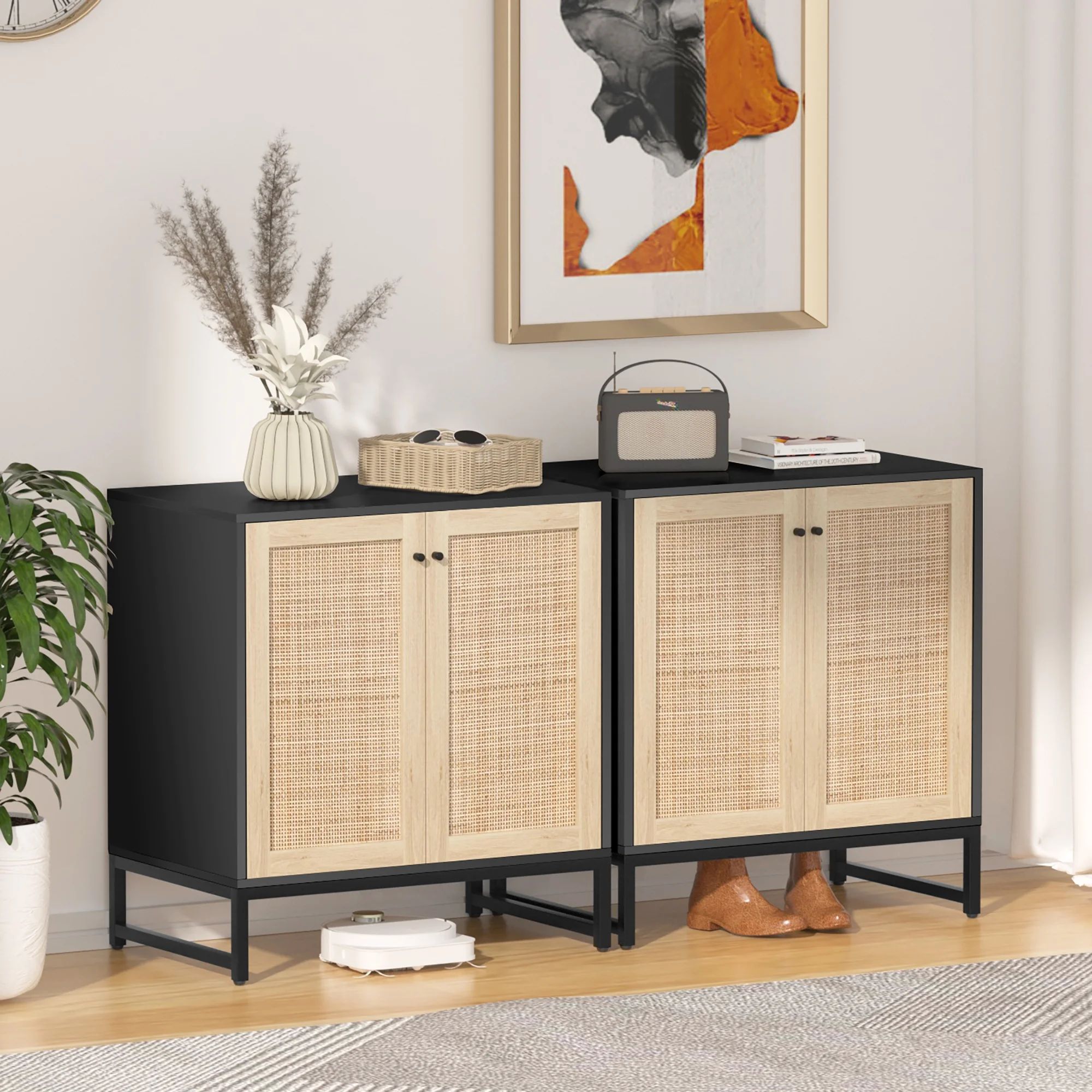 Glavbiku Modern Rattan Doors Sideboard Storage Cabinet,Accent Cabinet with Metal Legs,Black,31in ... | Walmart (US)