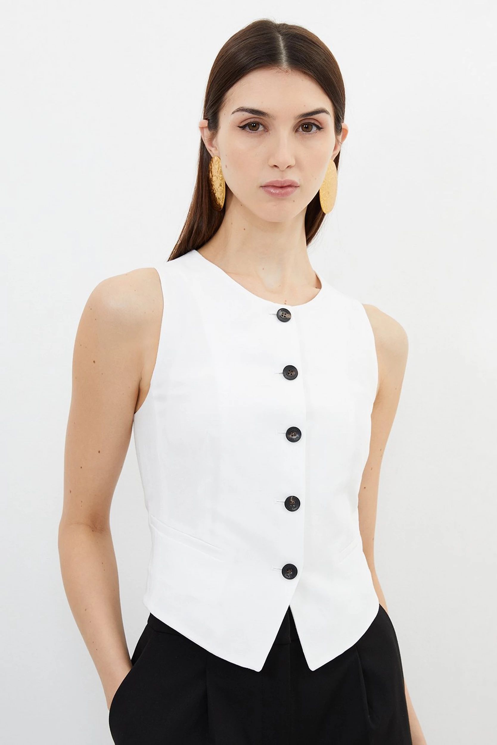 Premium Linen Viscose Tailored Button Through Waistcoat | Karen Millen UK + IE + DE + NL
