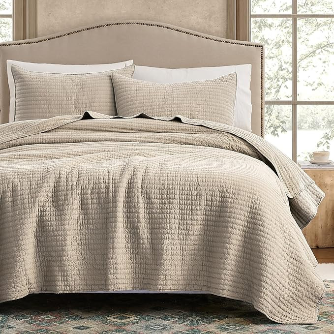 WDCOZY 100% Cotton King Size Quilt Set - Beige Neutral Striped Pick Stitch Soft Lightweight Bedsp... | Amazon (US)