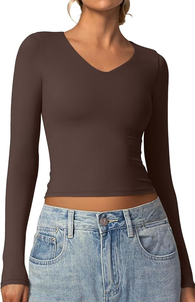 Vertvie Women's Double Lined Long Sleeve Shirts Sexy V Neck Tops Fitted Basic Tee Tight Trendy T ... | Amazon (US)