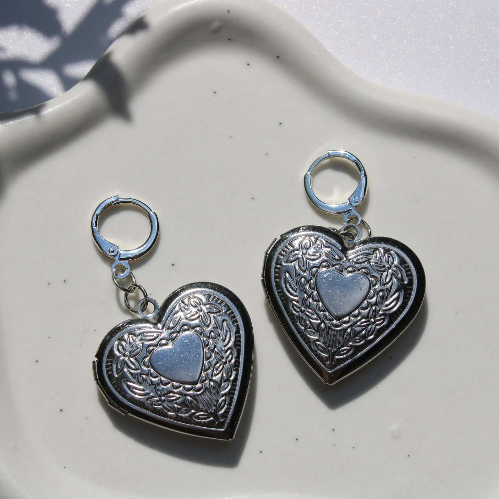 Stainless Steel Silver Heart Locket Earrings - Etsy | Etsy (US)