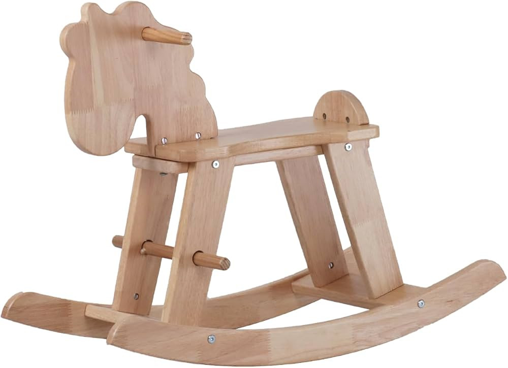 Natural Wooden Rocking Horse for Preschool Age - Solid Rubber Wood, Safe & Comfortable Footrest, Smooth Surface for Decoration, Supports Physical & Cognitive Growth | Amazon (US)
