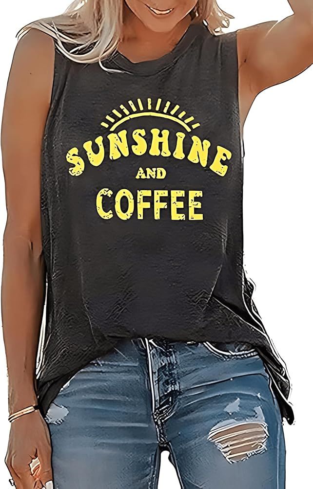 Women Sunshine and Coffee Graphic Tank Tops Crew Neck Sleeveless Basic Tops Blouses T-Shirts | Amazon (US)