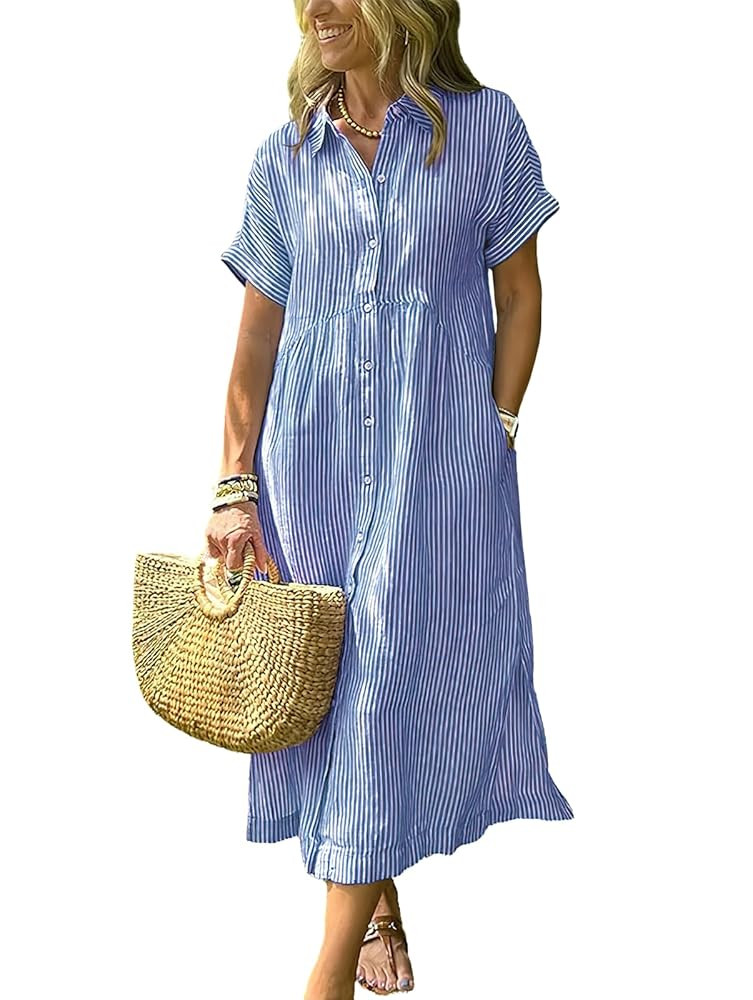 ebossy Women's Boho Striped Shirt Dress Button Up Side Slit Loose Mid Long Cotton Dress with Pock... | Amazon (US)