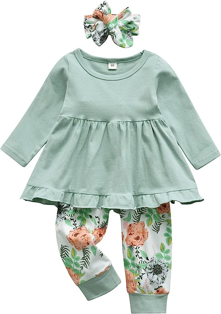 Kulcerry Conjunto de ropa para bebé niña pequeña, color liso, manga larga, volantes, pantalone... | Amazon (US)