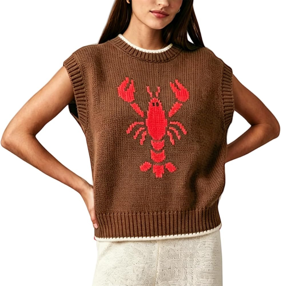 Womens Lobster Knit Vest Crew Neck Cap Sleeve Knit Lobster Sweater Knitted Tank Tops Y2K Coastal ... | Amazon (US)