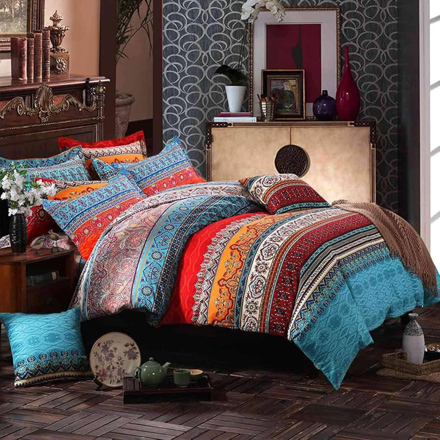 Nanko Queen Duvet Cover Set Boho Red Blue Colorful Retro Striped Print 3pc 90 x 90 Luxury Soft Mi... | Amazon (US)