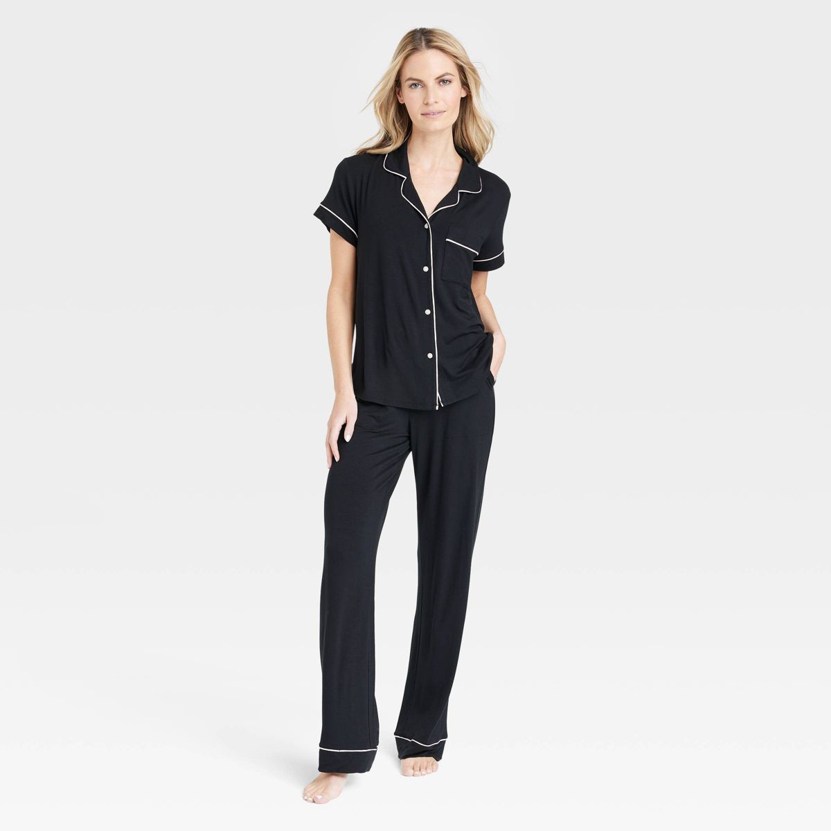 Women's Beautifully Soft Short Sleeve Notch Collar Top and Pants Pajama Set - Stars Above™ Blac... | Target