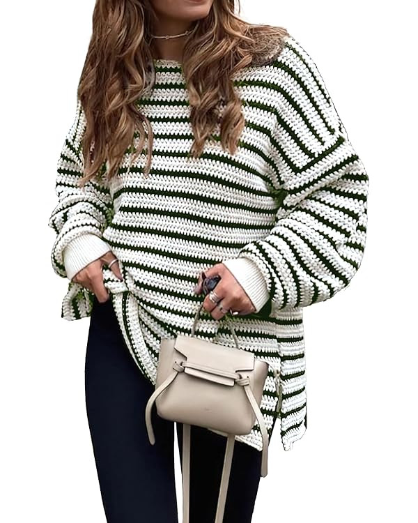 KIRUNDO Women's 2023 Fall Winter Oversized Long Sleeve Striped Sweater Casual Crewneck Side Split... | Amazon (US)