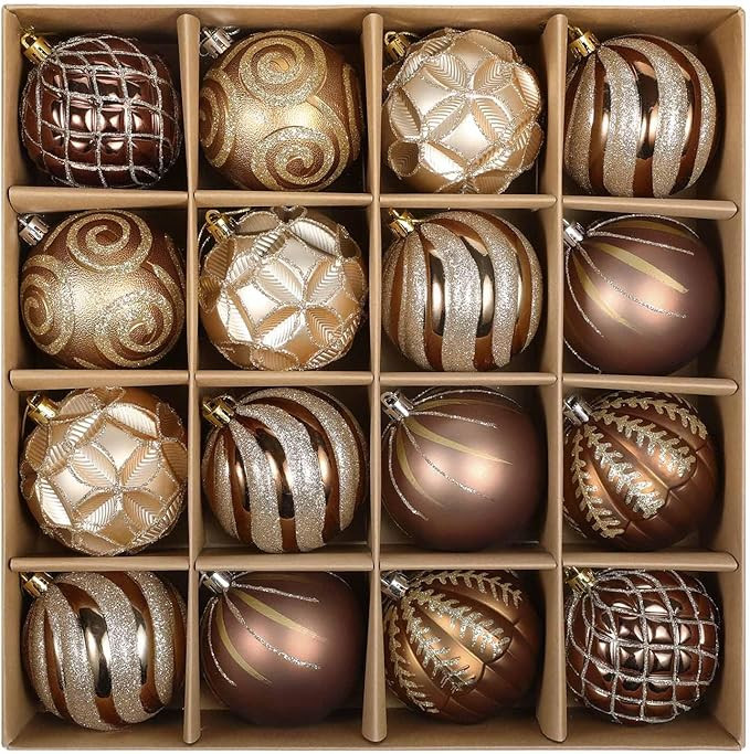 SVNVIOZ Brown Gold Christmas Baubles, 16Pcs 8cm Ball Ornaments Set, Xmas Tree Decorations Shatter... | Amazon (UK)