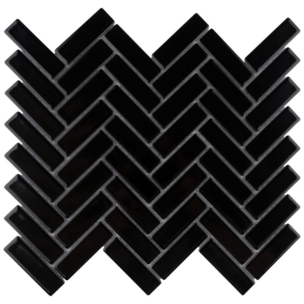 Merola Tile Metro Brick Herringbone Glossy Black 12-1/2 in. x 10-5/8 in. Porcelain Mosaic Tile (9.43 | The Home Depot