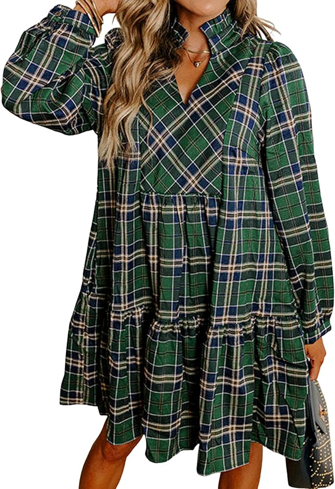 SELINK Womens Long Sleeve Dresses Casual V Neck Tribal Print Button Flowy Boho Mini Beach Dress | Amazon (US)