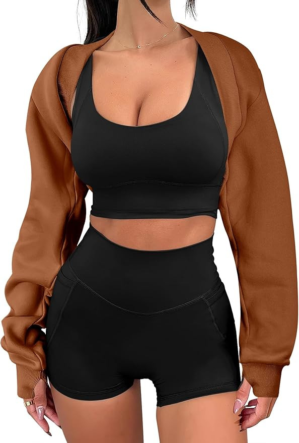 ANRABESS Womens Cropped Sweatshirt Long Sleeve Bolero Cardigan Open Front Shrug Workout Thumb Hol... | Amazon (US)