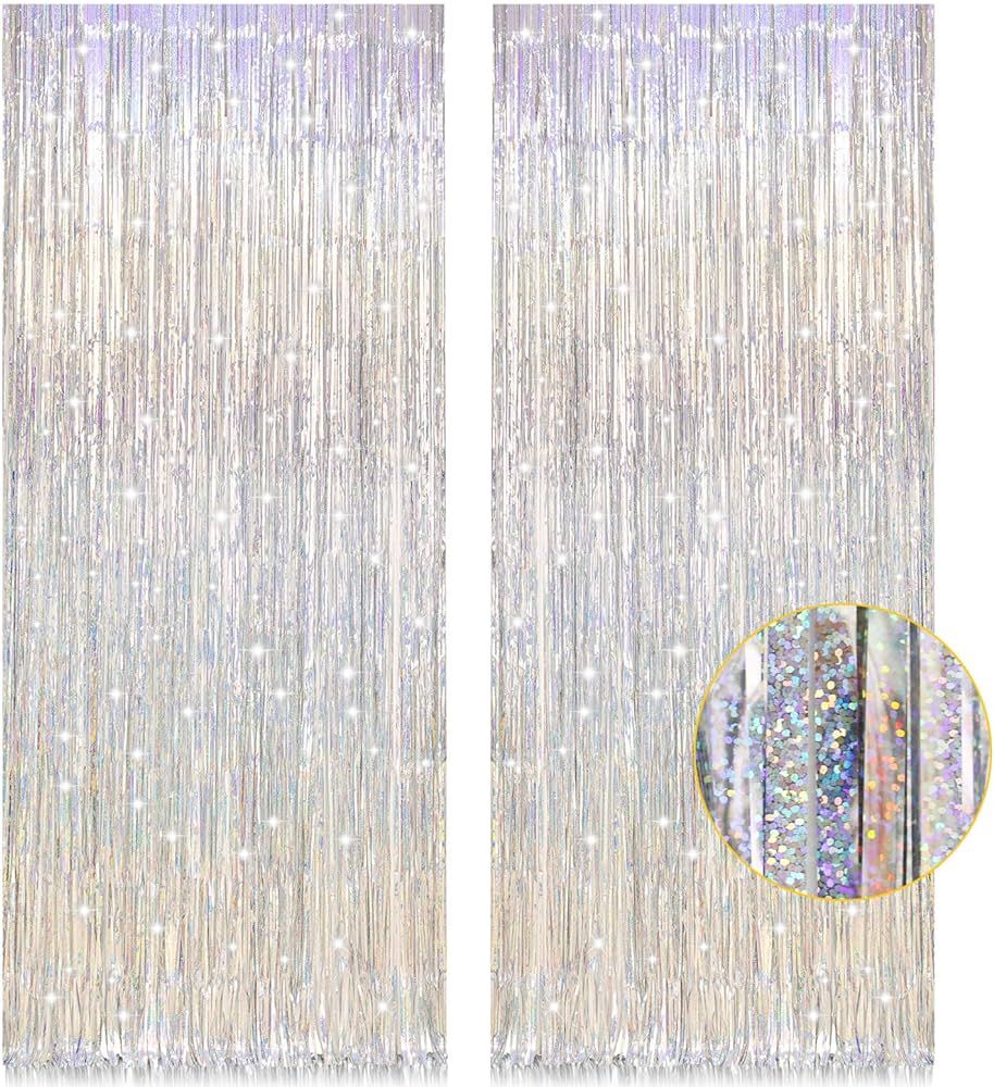 2 Pack 3.2ft x 8.2ft Silver Metallic Tinsel Foil Fringe Curtains | Door Streamer Photo Booth Backdrop | for Birthday Graduation Engagement Bridal Shower Bachelorette Baby Shower Party Decorations | Amazon (US)