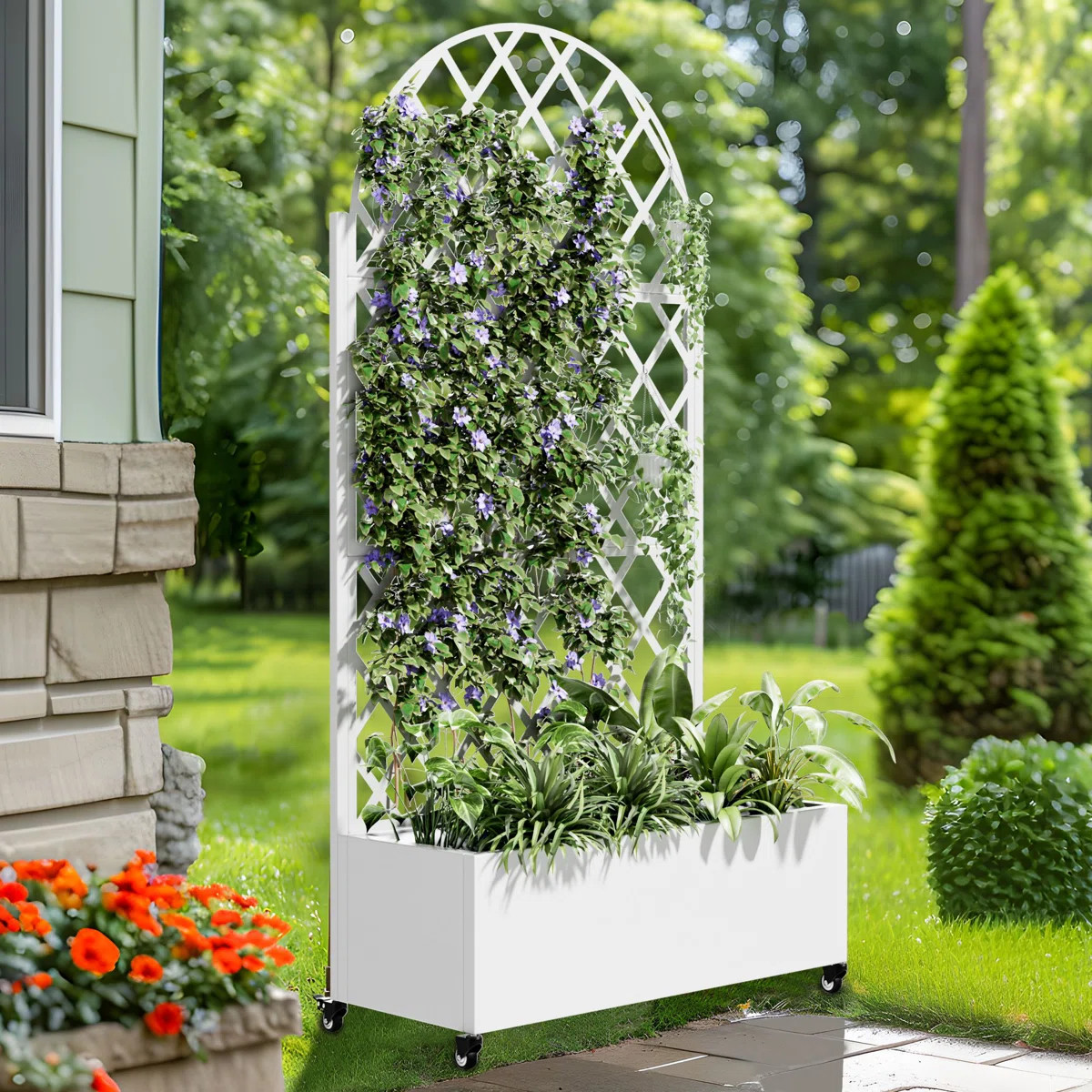 Jadine 35" W Metal Planter Box with Arched Trellis and Wheels | Wayfair North America