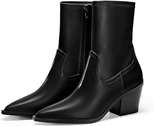 Coutgo Womens Pointed Toe Ankle Boots Chunky Stacked Heel Side Zipper Leather Fall Booties Shoes | Amazon (US)