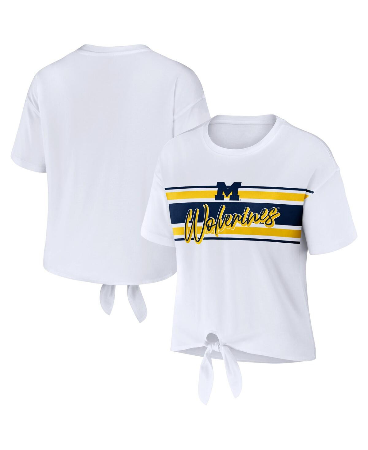 Women's Wear by Erin Andrews White Michigan Wolverines Striped Front Knot Cropped T-shirt - White | Macy's