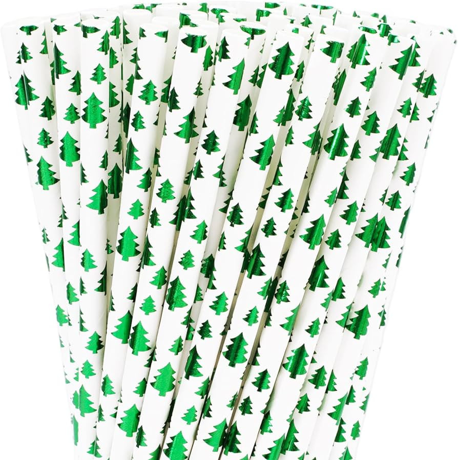 Whaline 200Pcs Christmas Paper Straws Foil Green Xmas Trees Drinking Straws Holiday Tree Disposab... | Amazon (US)