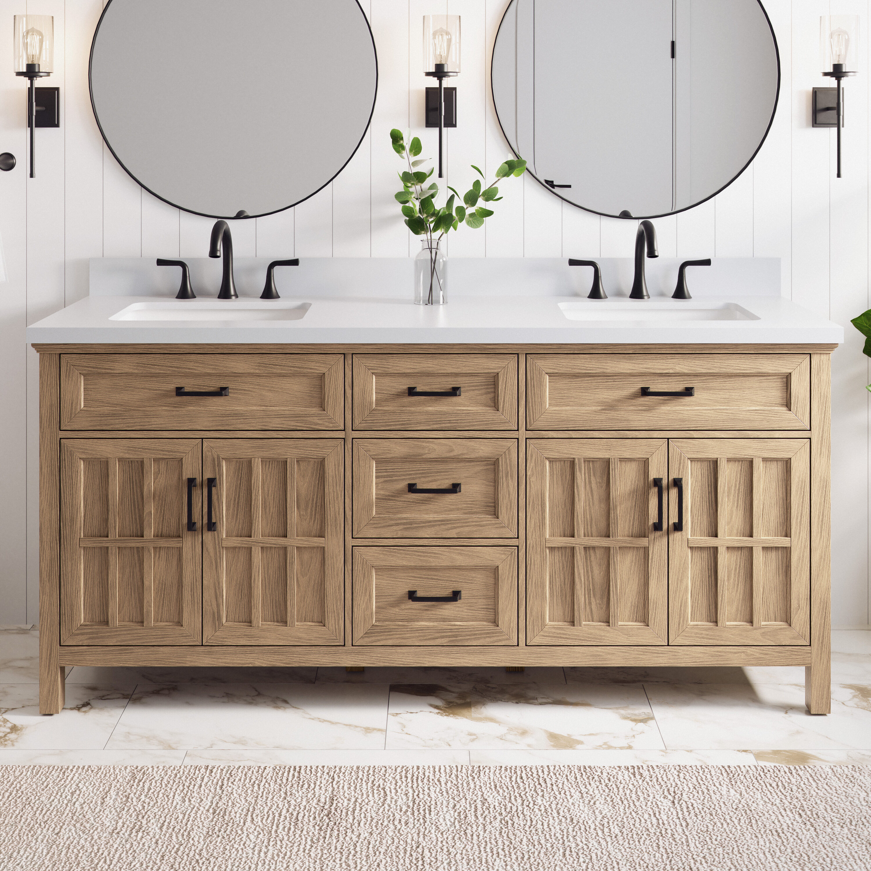 allen + roth Cantrell 72-in Oak Undermount Double Sink Bathroom Vanity with White Engineered Stone Top in Brown | LWS72WWV | Lowe's