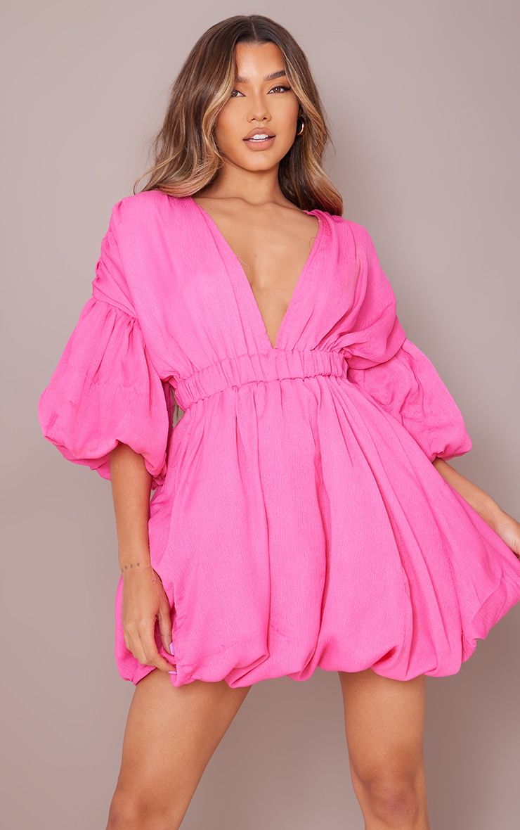 Hot Pink Puff Sleeve Puffball Hem Shift Dress | PrettyLittleThing US