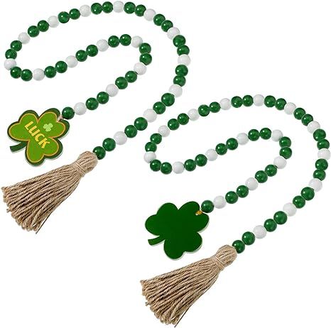 2 Pieces St Patrick's Day Wood Beads Garland with Tassels Hanging Wooden Green Shamrock Pendant O... | Amazon (US)