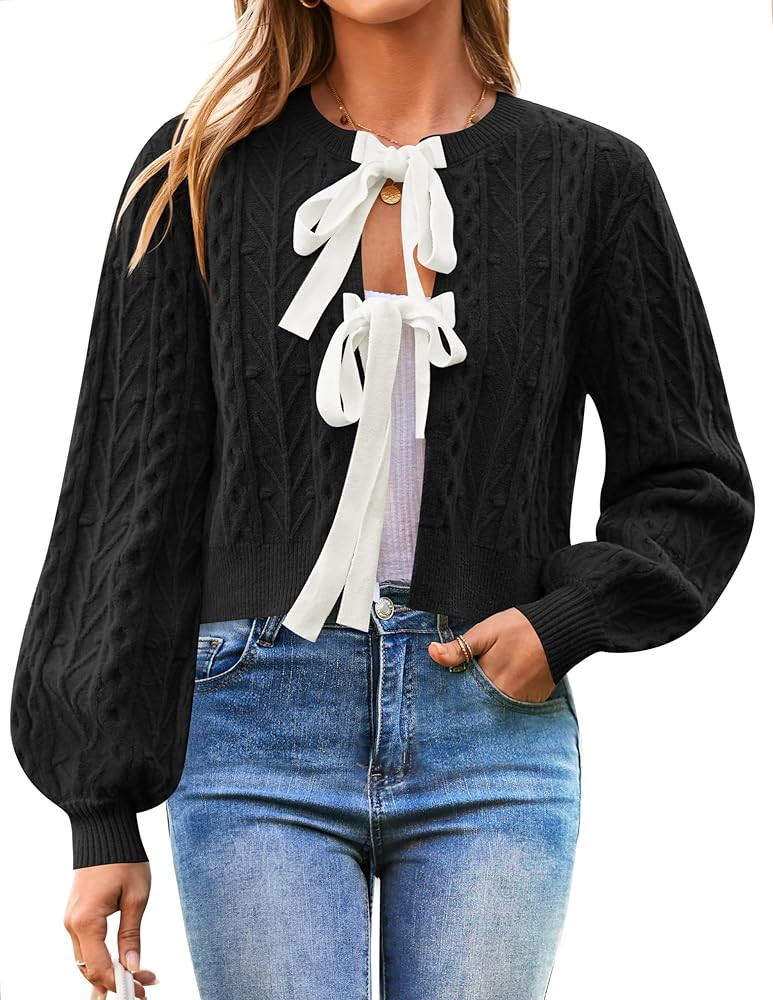 ZESICA Women's Cardigan Sweaters 2024 Fall Winter Long Sleeve Tie Front Cable Knit Chunky Cropped... | Amazon (US)