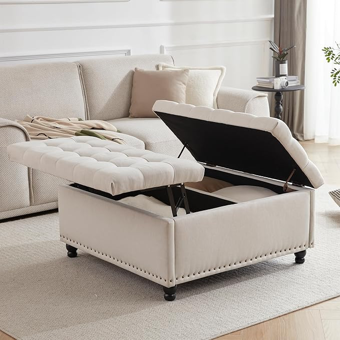 Tbfit Large Square Storage Ottoman Bench, Tufted Upholstered Coffee Table Ottoman with Storage, O... | Amazon (US)