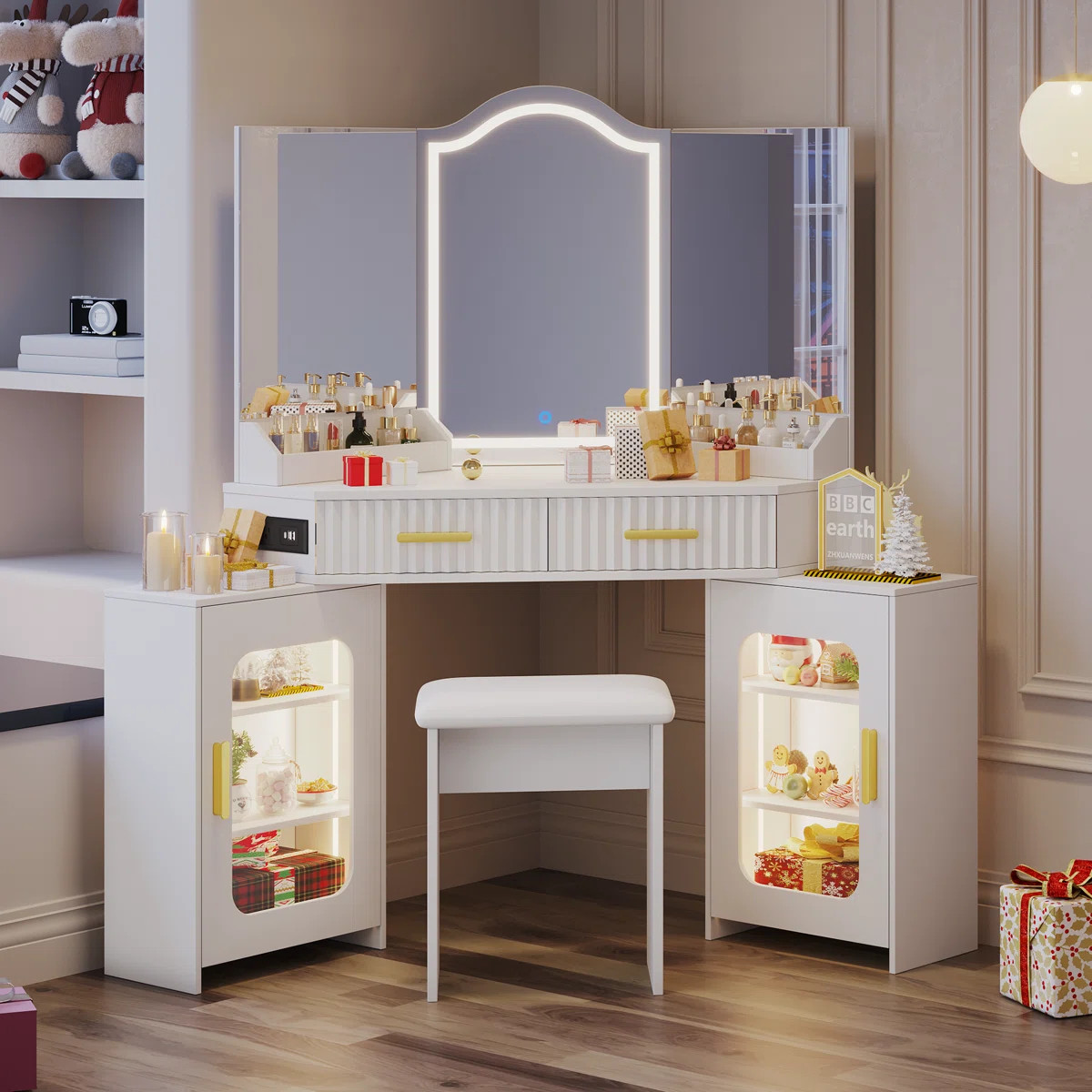 Corner Makeup Vanity Desk with LED Mirror and Outlets, Fluted Dressing Table with 2 Drawers and S... | Wayfair North America