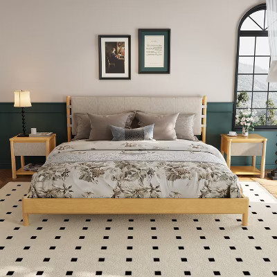 King Bed Frame Set with 2 Nightstands, Wood Platform Bed with Headboard & Matching Bedside Tables, Natural - ModernLuxe | Target