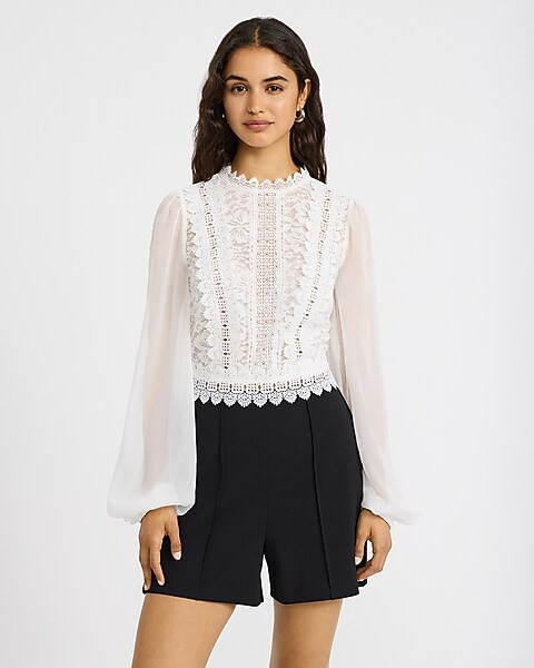 Lace Color Block Crew Neck Long Sleeve Romper | Express