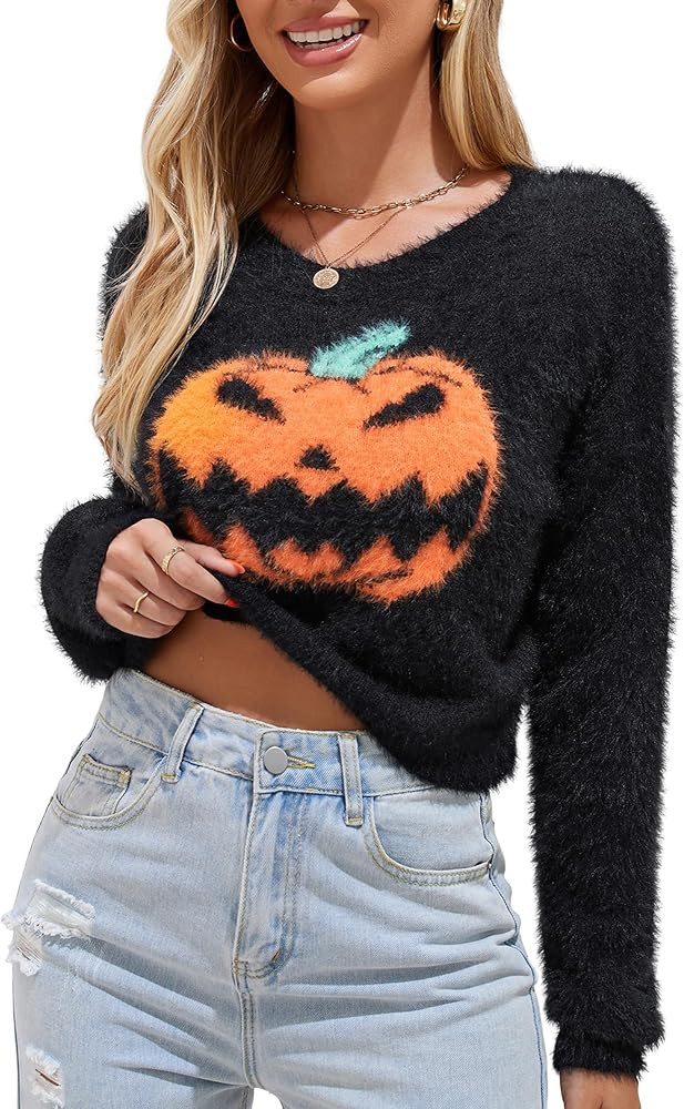 ZAFUL Women's Halloween Knit Sweater Crew Neck Pumpkin Print Pullover Long Sleeve Casual Loose Ju... | Amazon (US)