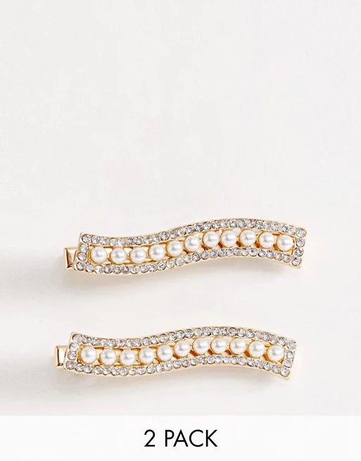 ASOS DESIGN - Lot de 2 barrettes à cheveux ondulées avec perles - Doré | ASOS FR