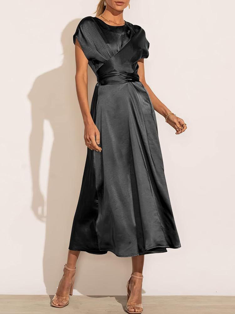 ANRABESS Women's 2023 Summer Satin Cap Sleeve Wrap Elegant A-Line Flowy Wedding Guest Formal Maxi... | Amazon (US)