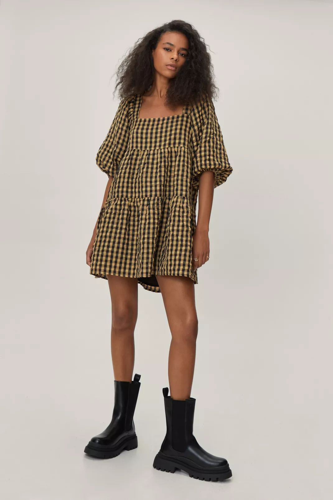 Petite Gingham Tiered Mini Smock Dress | Nasty Gal (US)