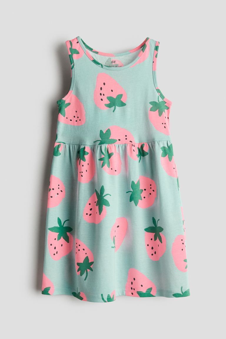 Patterned Cotton Dress - Round Neck - Sleeveless - Turquoise/strawberries - Kids | H&M US | H&M (US + CA)