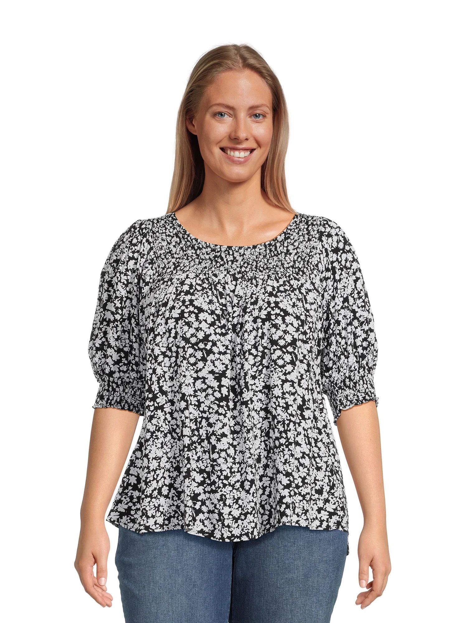 Terra & Sky Women’s Plus Size Smocked Blouse with Keyhole Back, Sizes 0X-4X | Walmart (US)