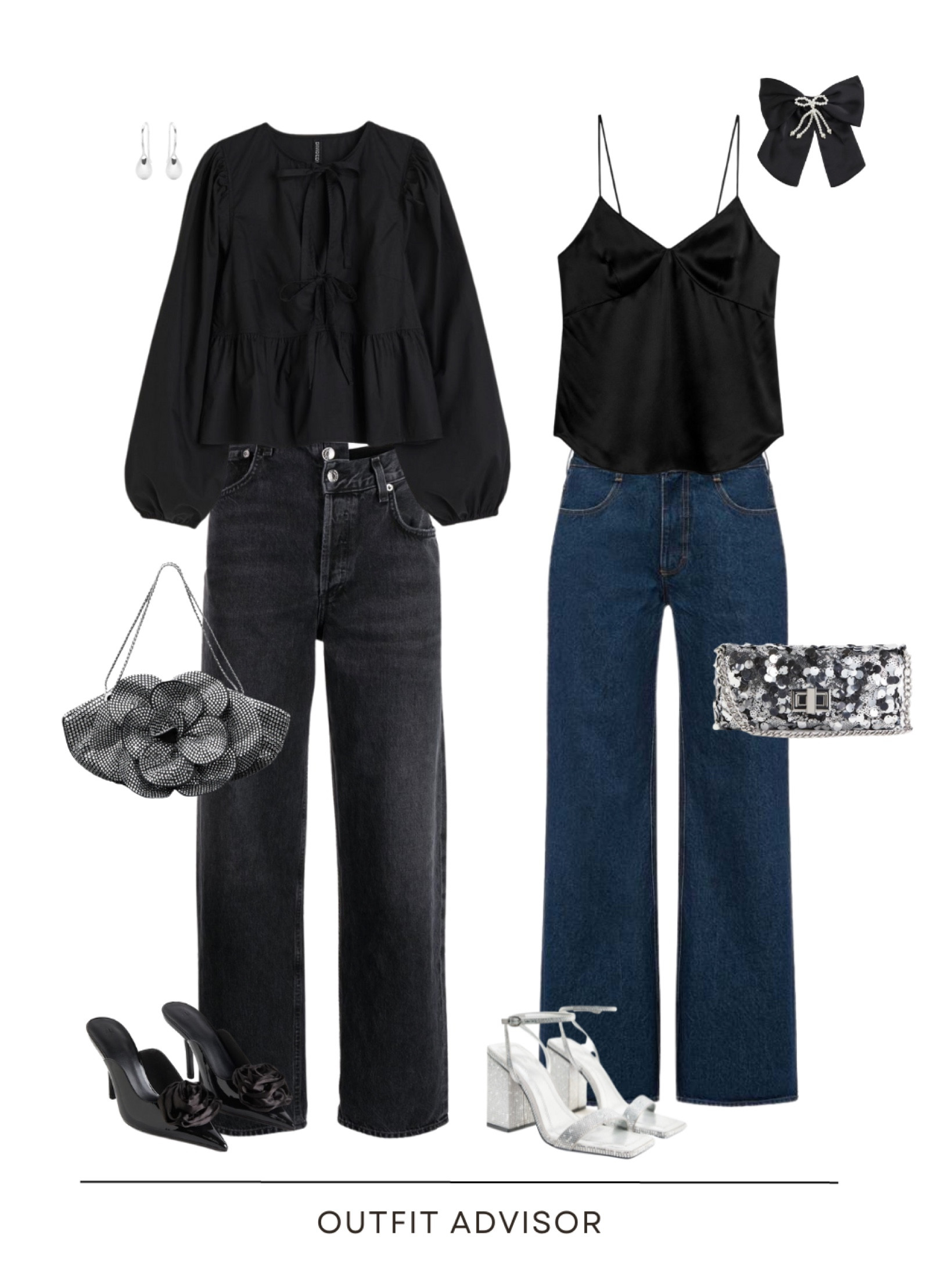 Christmas party outfit ideas: a satin top, denim jeans, sparkly sequin bag, hair bow & silver heels (Zara) or black agolde jeans, a peplum top, rose appliqué heels, a studded flower bag and silver earrings 

#LTKstyletip #LTKHoliday #LTKsalealert