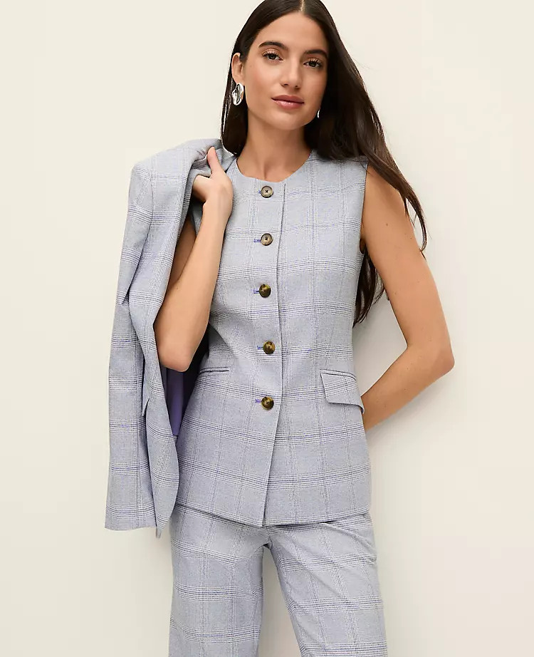 The Long Crew Neck Vest in Plaid | Ann Taylor