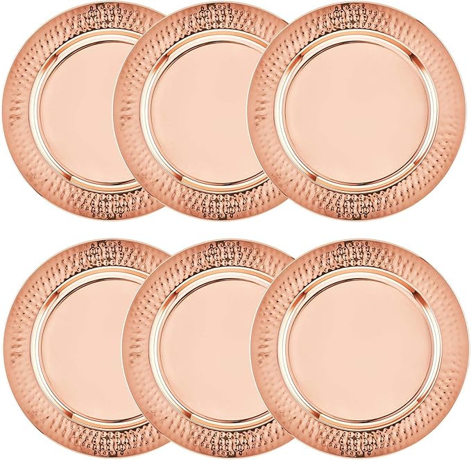 Colleta Home Copper Charger Plate - 6 Pack - 13 inch Rose Gold Charger with Hammered Rim - Copper... | Amazon (US)